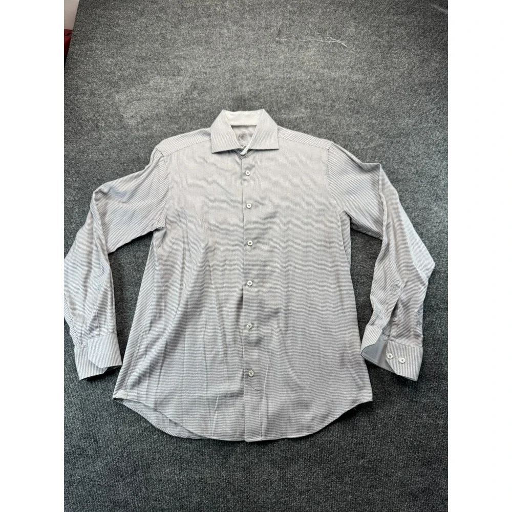 Bugatchi Uomo Mens 15.5 39 Gray Micro Check Cotton Dress Shirt Long Sleeve